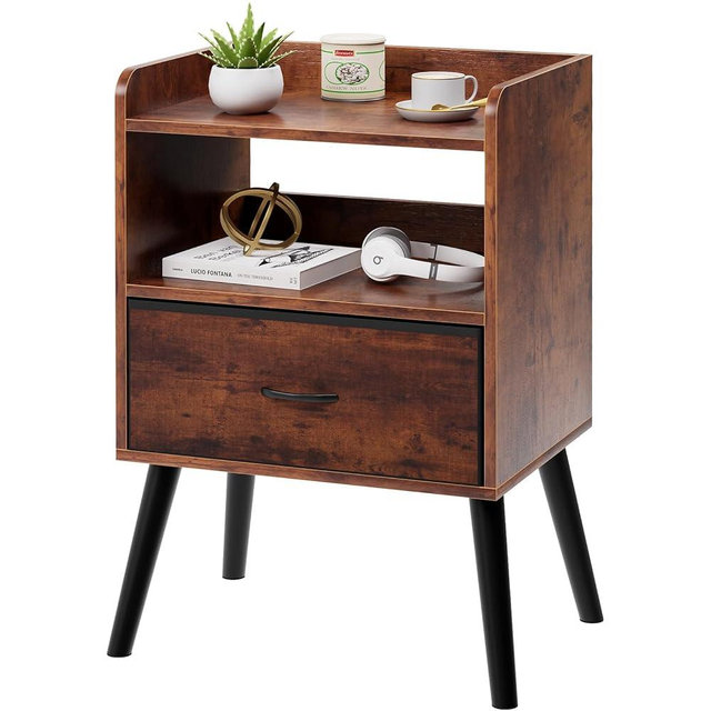 Huhote NightStand with Open Shelf,Night Stand with Drawer Storage Side Table End Table,Bedside Table with Solid Wood Feet,Mid Century Night Stands for Bedroom Sofa Couch Small Spaces(Brown)