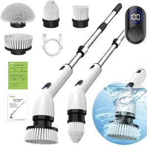TUYU Electric Spin Scrubber, Full-Body IPX7 Waterproof Bathroom Scrubber with Power LCD Display, Adjustable Extension Handle, Cordless Shower Cleaner Brush for Bathtub Kitchen Wall Cleaning