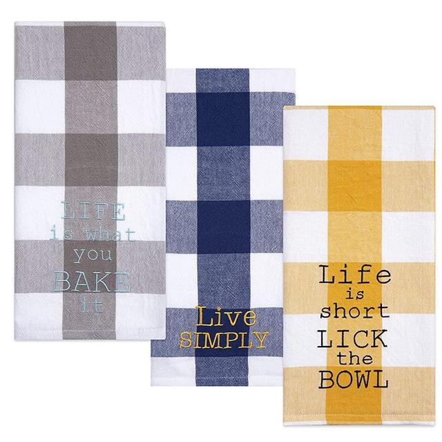 Sticky Toffee Cotton Flour Sack Kitchen Towels, Embroidered Baking Theme, Yellow Tan and Blue, 3 Pack, 28 in x 29 in