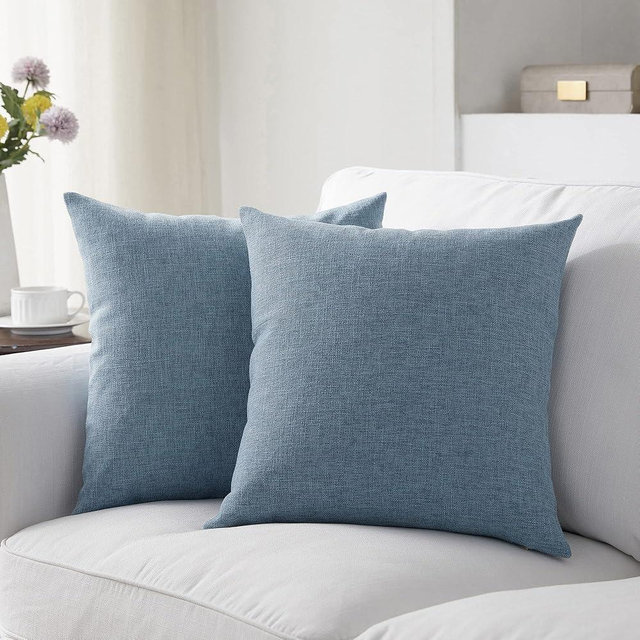 Meekio Set of 2 Deep Grey Blue Pillow Covers 18 x 18 Inch Farmhouse Boho Decorative Throw Pillow Covers Linen Cushion Covers for Sofa Couch Décor