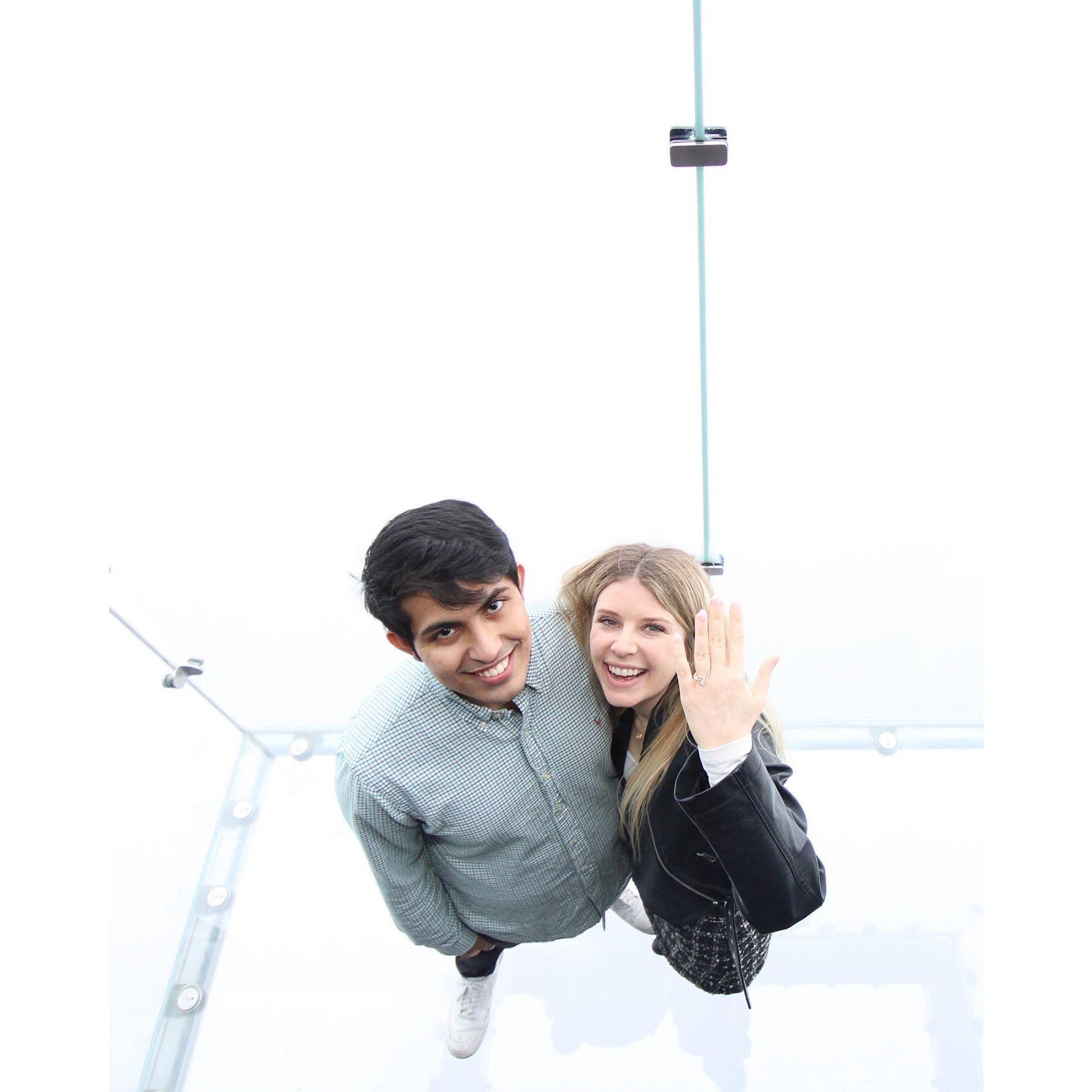 Our Engagement on the sky deck of the Willis Tower in Chicago