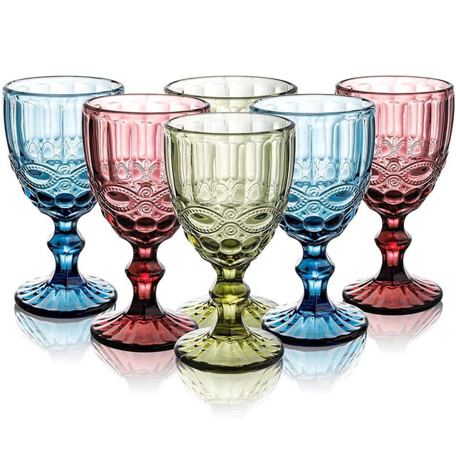 Youeon Set of 6 Colored Wine Goblets, 10 Oz Wine Glasses Set with Embossed Pattern, Colored Wine Glasses Vintage Glassware for Party, Wedding, Bar, Wine, Juice, Beverage, 3 Colors
