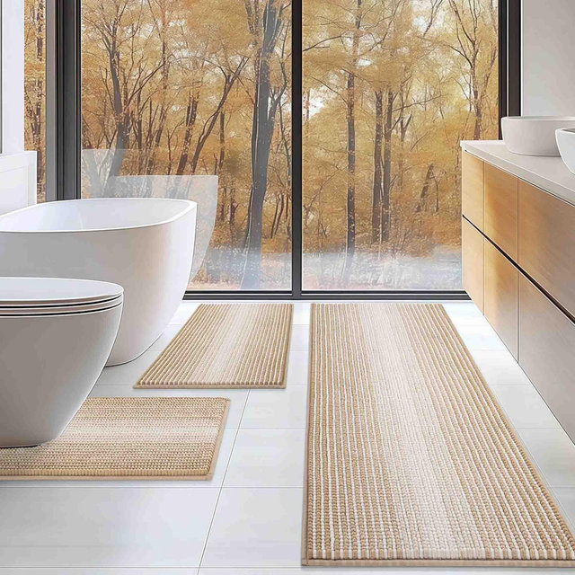 BAGOKIE 3 Piece Chenille Bathroom Rug Set, Beige
