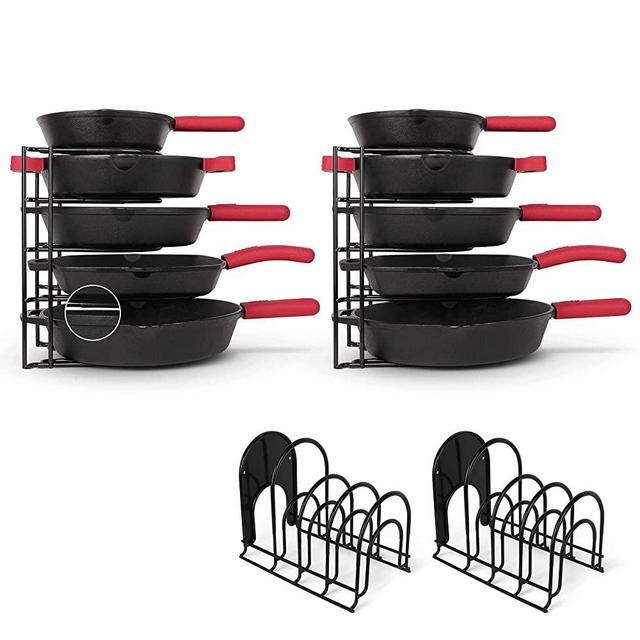 Pan Organizer - 2-PACK of Silicone-Coated Non-Slip 12" Heavy Duty Skillet Rack - Kitchen Counter/Cabinet Organization Storage - Holder for Cookie Sheet, Cutting Board, Cast Iron Cookware, Dish Stand