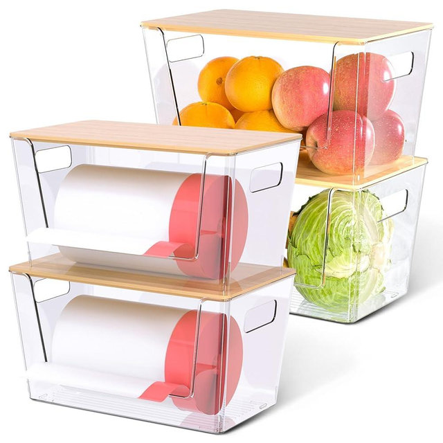 4-Pack Stackable Potato & Onion Storage Bins with Ventilated Design & Removable Dividers - Eco-Friendly Bamboo Vegetable Containers for Pantry, Kitchen Countertop - Garlic, Veggies, Produce Organizer