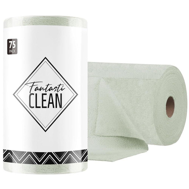 Fantasticlean Microfiber Cleaning Cloth Roll -75 Pack, Tear Away Microfiber Towels, 12" x 12", Reusable, Washable, Scratch Free, Ultra Absorbent Dish Rags for Car, Home, Garage or Shop (Moss Green)