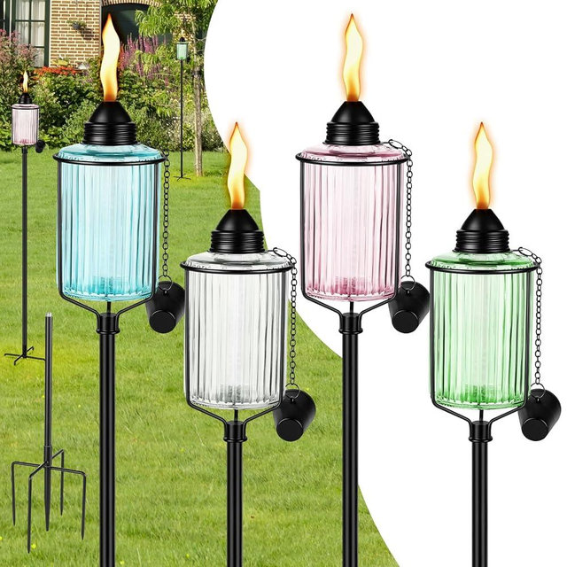 Nonley 4 Pack Glass Garden Torch for Outside,Upgraded Citronella Torches with 5-Prong Grounded Stake, 61" Height Adjustable Weatherproof Garden Décor Torch for Patio Pathway Party, Multicolor
