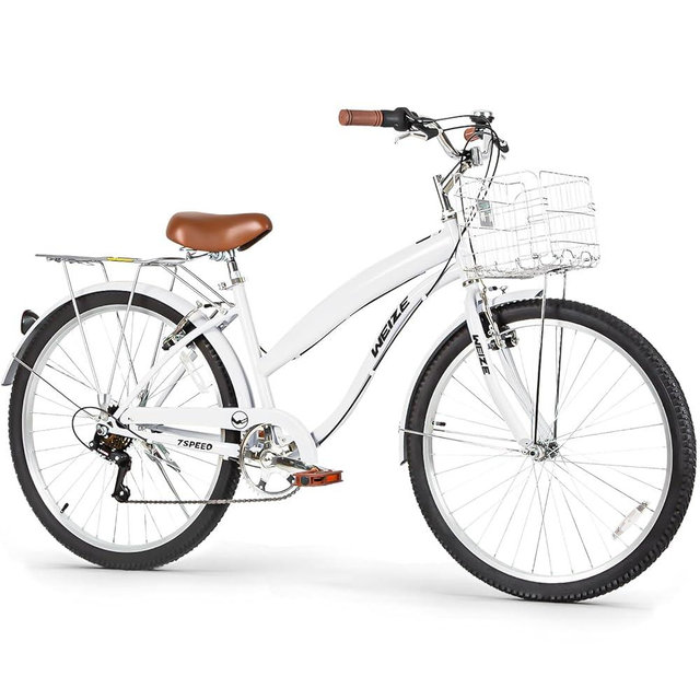 WEIZE Beach Cruiser Bike, 26 inch Commuter Bicycle for Adult Men and Women, 7-Speed/High-Carbon Steel/Front & Rear Fenders, Comfortable City Bikes with Rear Rack or Basket, Ergonomic Upright Design