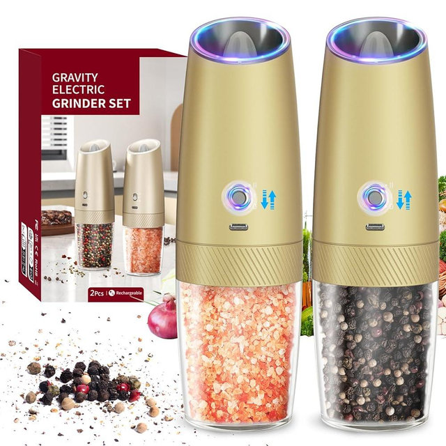 CIRCLE JOY Gravity Electric Salt and Pepper Grinder Set with 2-Speed, Rechargeable Salt and Pepper Grinder Set, Adjustable Coarseness, Whiet LED Light