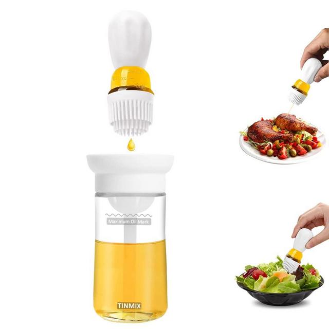 TINMIX Oil Dispenser Bottle with Barbecue Brush - Oil Storage and Dispenser Container and Silicone Basting Brush for Kitchen BBQ Grilling Baking and Cooking (OB21S-White)