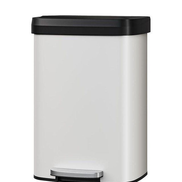 Garvee 13 Gallon / 50 Liter Metal Trash Can with Lid, Large Garbage Can for Kitchen, Rustproof Step-on Kitchen Metal Trash Bin with Liner Rim, Rear Handle, Soft Close Plastic Lid, White