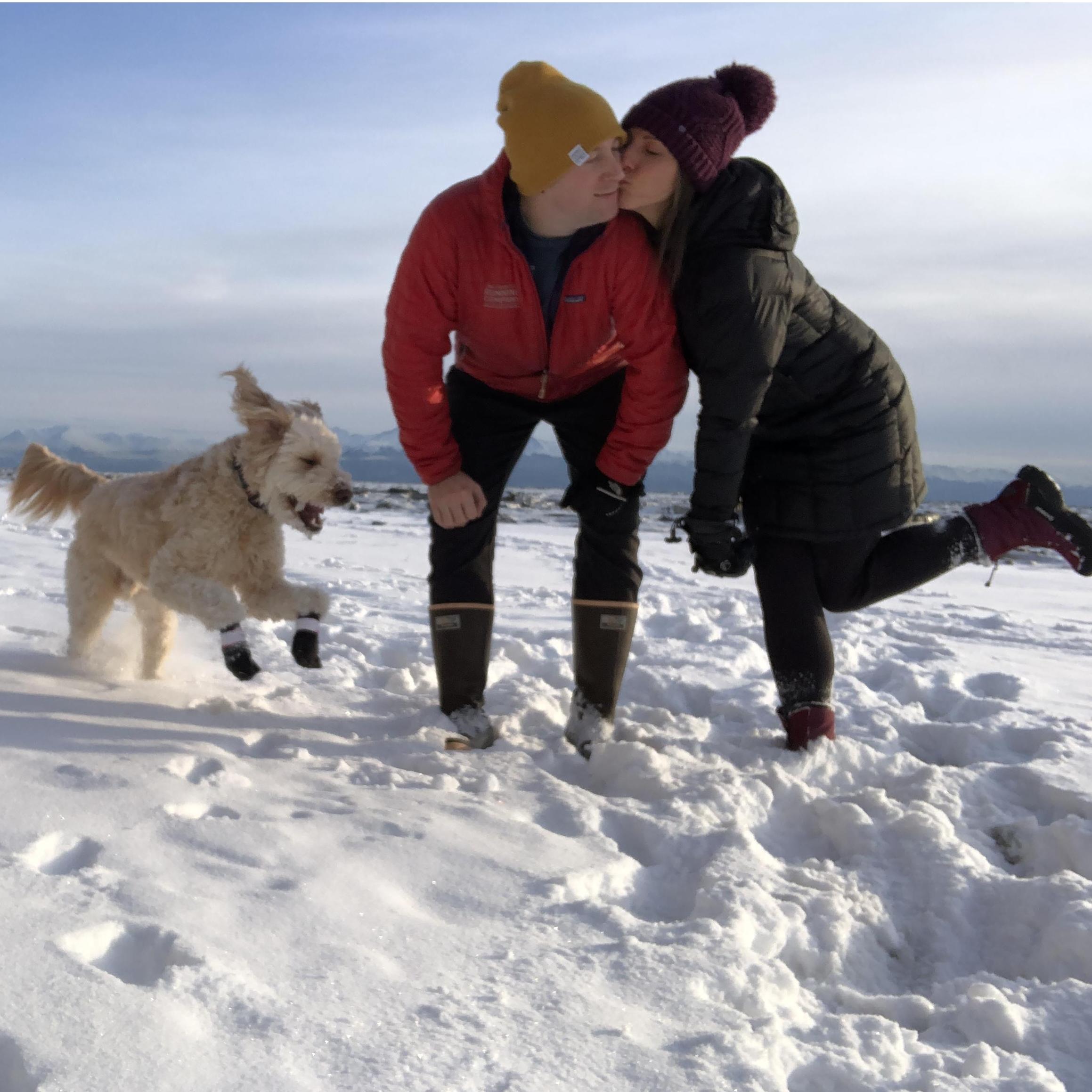 Snow playdate on the beach in Anchorage, Valentine's Day 2020