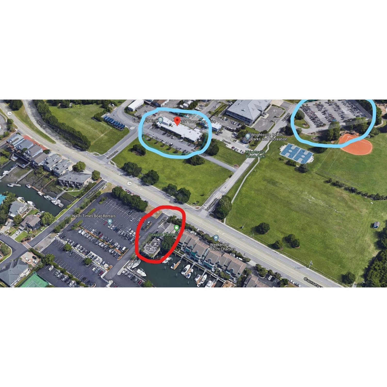 Red Circle is the Wedding Location. 
Blue Circles are Parking.