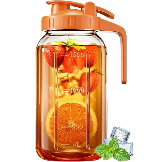 Glass Pitcher with Airtight Lid and Spout, 64oz Mason Jar Pitcher - Wide Mouth, Leakproof Water Jug for Juice, Sun Iced Tea, Cold Brew Coffee, Milk Storage, Orange