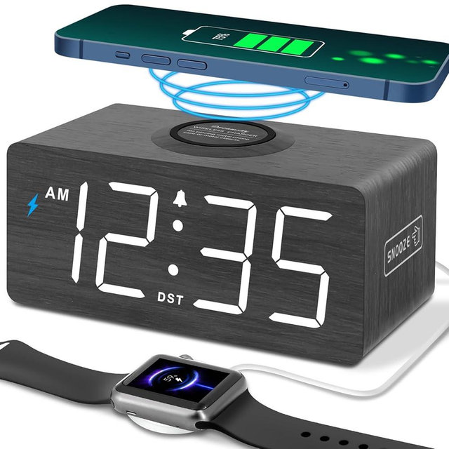DreamSky Wooden Digital Alarm Clock with Wireless Charging for Bedroom, Bedside Nightstand Clock with Charger Station, USB Port, Large Numbers, Adjustable Volume, Brightness Dimmer, DST