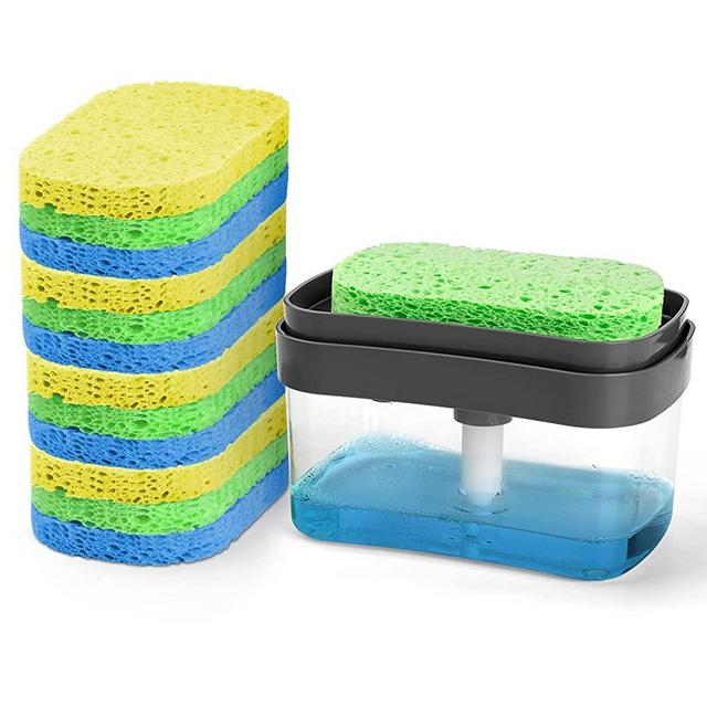 HOMEXCEL Dish Soap Dispenser for Kitchen Sink,Sponge Holder with 12 Pack Compressed Cellulose Sponges,Dish Washing Soap Dispenser,Premium 2-in-1 Kitchen Gadgets,Sink Countertop Organizer,25 Ounces