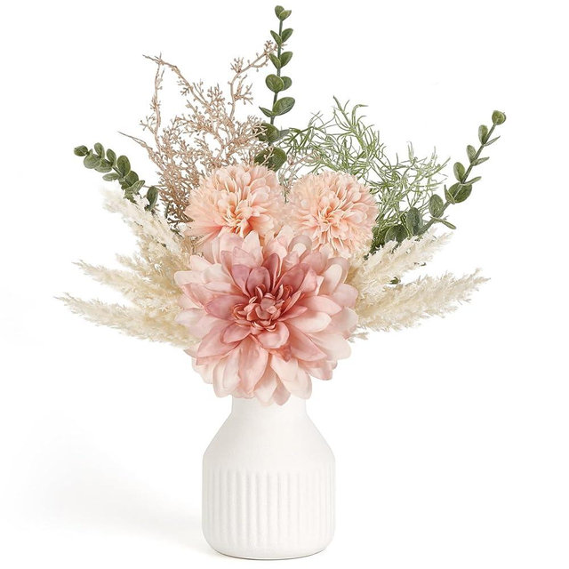 Mkono Small Artificial Flowers in Ceramic Vase 13.7" Centerpieces Coffee Table Decor, Silk Flower Arrangements for Home Decor Indoor Fake Flower Bouquet for Dining Room Kitchen Wedding, Pink