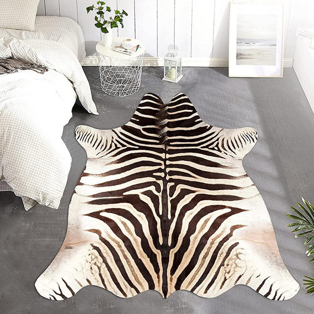 JINCHAN Zebra Print Area Rug Faux Skin Cowhide Animal Design Mat Safari Rug Indoor Floorcover for Bedroom Living Room 5x7 Safari Design