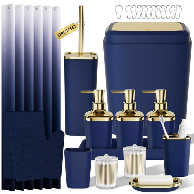 InnJoey Bathroom Set - 27PC Bathroom Sets with Shower Curtain and Rugs, Blue Bathroom Set, Blue Bathroom Accessories Set with Push-lid Trash Can, Toilet Brush & Soap Dispensers