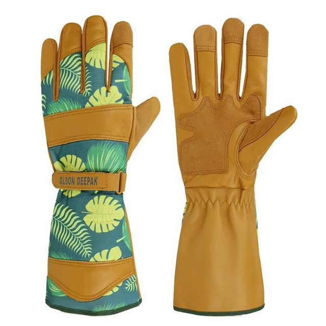 OLSON DEEPAK Womens Gardening Gloves with Grain Leather for Yard Work, Rose Pruning and Daily Work perfect fitting for women, Long Cuff Rose Garden Gloves with Fashion palm leaf pattern (Long-cuffs)