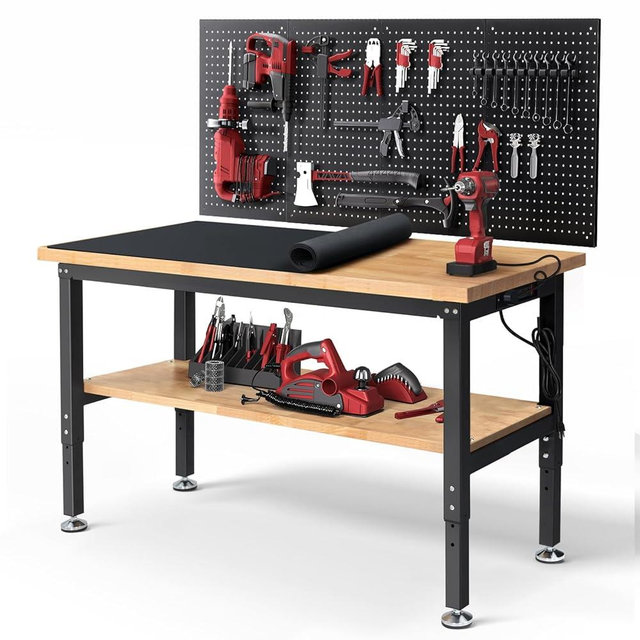 ENJOYWOOD Work Table for Garage 60 Inch Workbench with Storage Adjustable Height Rubber Wood Tabletop Work Bench with Power Outlets Pegboard Pad for Cutting Wood Shop Woodworking Home Office