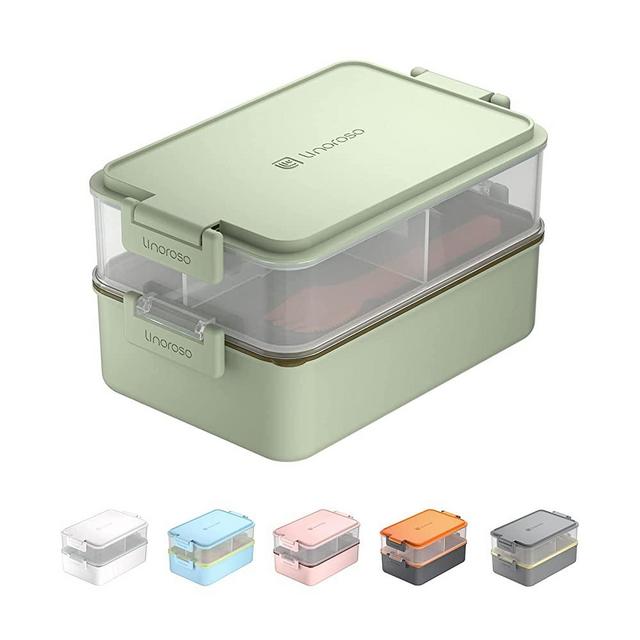 Linoroso Stackable Bento Box Adult Lunch Box | Meet All You On-the-Go Needs for Food, Salad and Snack Box, Premium Bento Lunch Box for Kids Include Utensil Set, Dressing Containers - Pale Mint