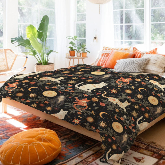 Celestial Pattern with Cats Duvet Cover