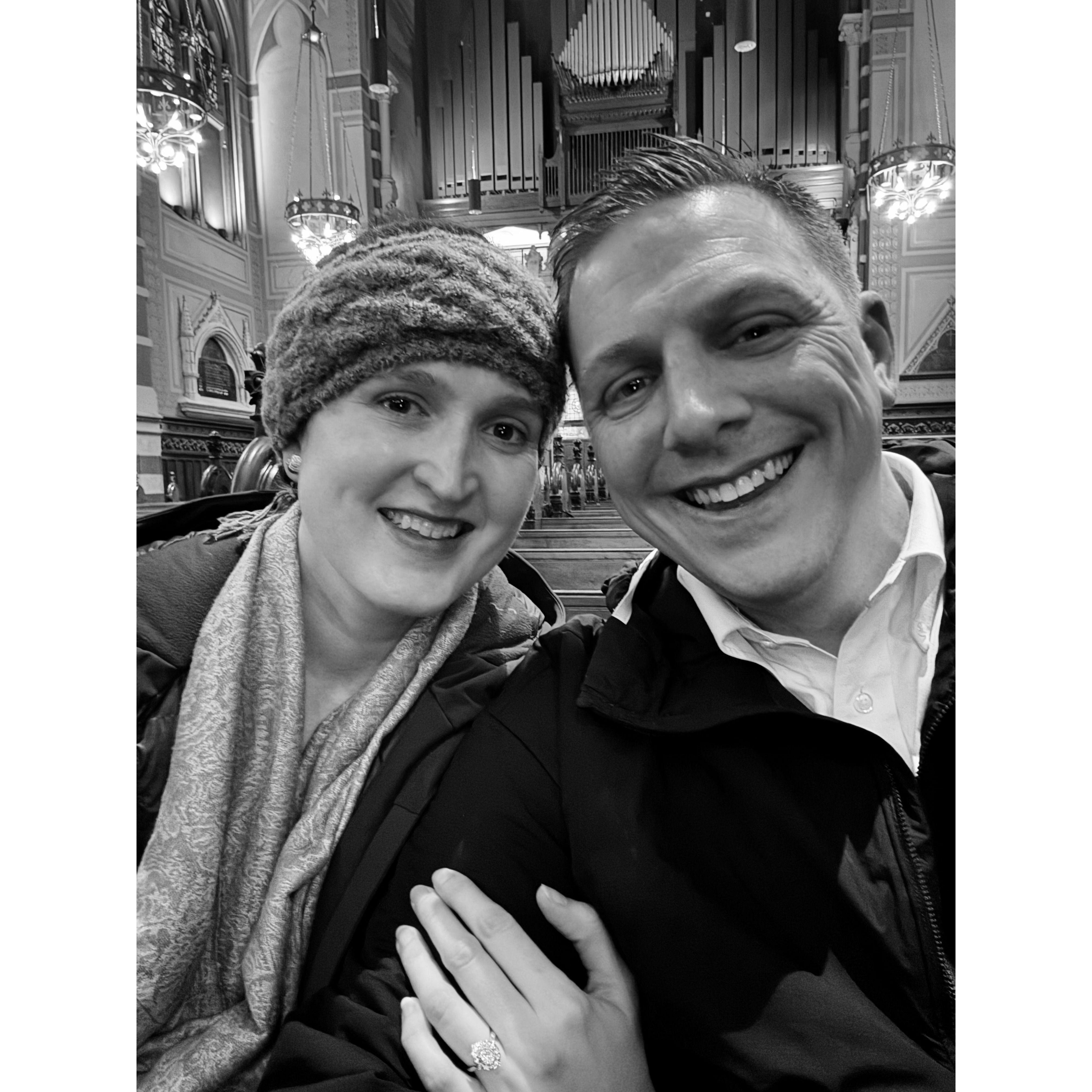 Post-engagement photo at Old South Church in Boston, MA