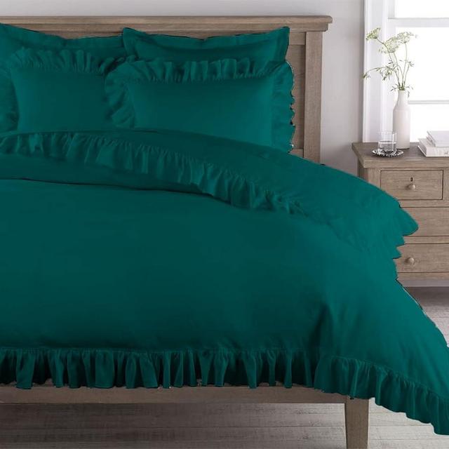 Kotton Culture 100% Egyptian Cotton Ruffle Trim Fringe Duvet Cover Set (1 Duvet Cover & 2 Pillow Shams) 600 Thread Count Frilled Bohemian Bedding (Queen/Full, Teal)