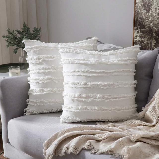 MIULEE Set of 2 Decorative Boho Throw Pillow Covers Cotton Linen Striped Jacquard Pattern Cushion Covers for Sofa Couch Living Room Bedroom 18x18 Inch Off White