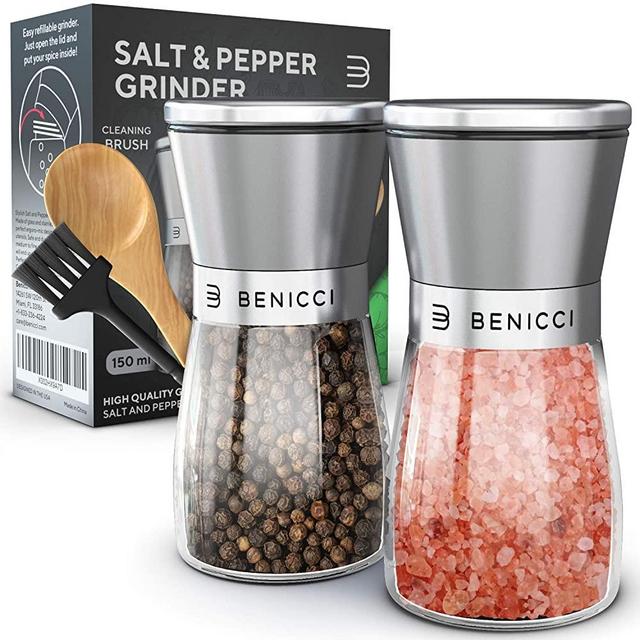 Beautiful Stainless Steel Salt & Pepper Grinders Refillable Set - Two 5 oz Salt/Spice Shakers with Adjustable Coarse Mills - Easy Clean Ceramic Grinders with BONUS Wooden Spoon and Cleaning Brush