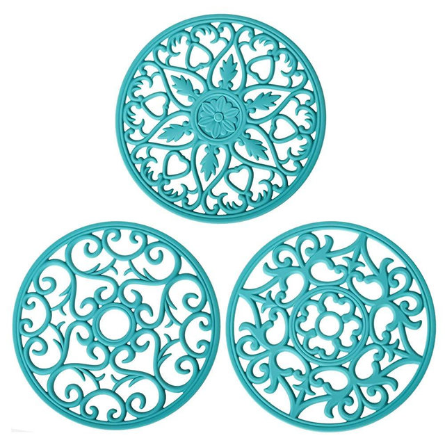 Nstezrne Trivets for Hot Dishes, Hot Pads for Kitchen Counter, Silicone Trivets for Hot Pots and Pans, Intricately Carved Heat Resistant Mats for Table & Countertops, Silicone Trivet Mat Set 3 Teal