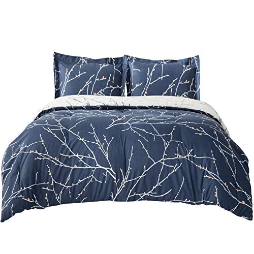 Bedsure Comforter Sets Queen Size Duvet Sets Down Alternative 3 Pieces - Reversible Microfiber (1 Comforter 88x88 inches + 2 Pillow Shams), Tree Branch Floral, Navy/Ivory