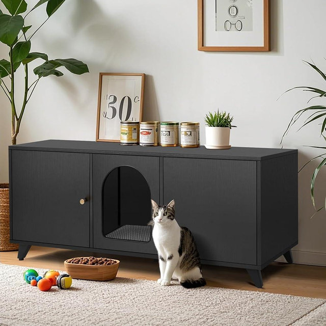 QuicMiou Cat Litter Box Enclosure for 2 Cats, Modern Hidden Litter Box Furniture with Double Room, Large Cat House Washroom Cabinet with Scratche Pad, 46.5" x 19.7" x 19.7" (Black)