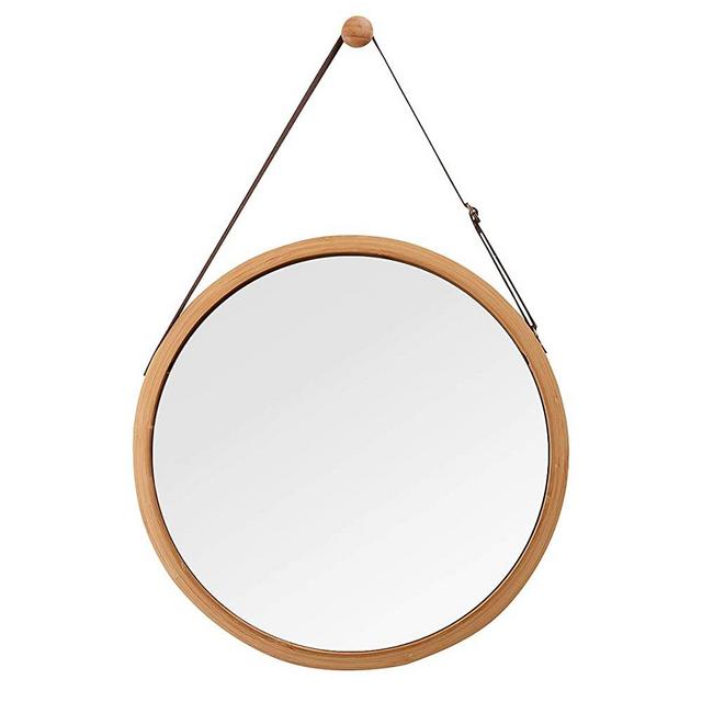 Hanging Round Wall Mirror in Bathroom & Bedroom - Solid Bamboo Frame & Adjustable Leather Strap, Makeup Dressing Home Decor (Bamboo Natural, 15")