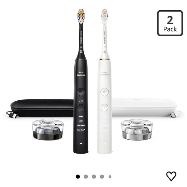 Philips Sonicare DiamondClean Connected Electric Toothbrush 2 Pack, x2 Sonic Toothbrushes, x2 Charging Travel Cases, x2 A3 Brush Heads, 12 Brushing Settings, (Black and Rose Gold) Model HX9912/71