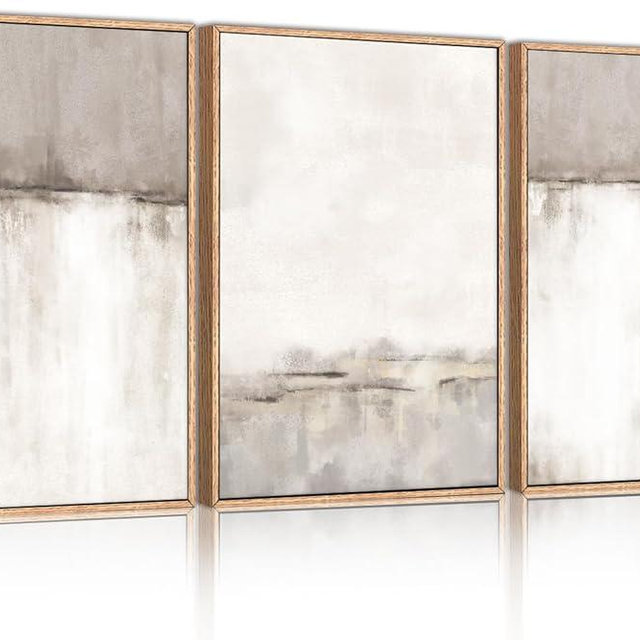 KAIRNE Large Neutral Gray Framed Canvas Wall Art Set, Abstract Duotone Gray Tan Wall Decor, Neutral Watercolor shape Wall Pinting, Modern Landscape Art Print for Living Room, Bedroom, Office16 x24 x3
