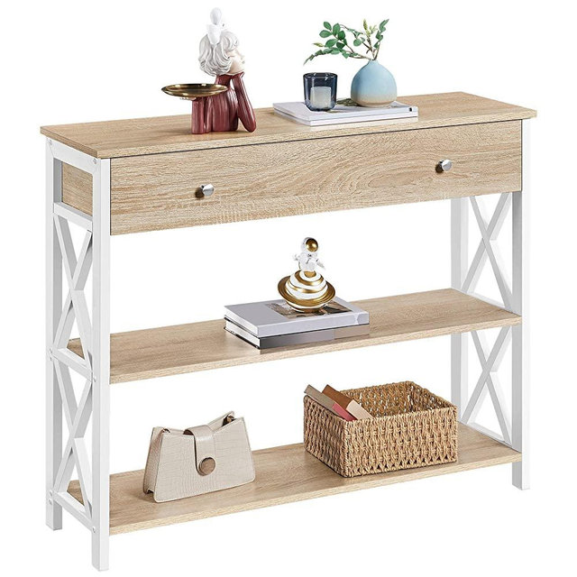Yaheetech Modern 3-Tier Console Table with Drawer for Entryway, Tall Beige Console Table with Storage for Living Room, Sofa Table with Long Drawer & Storage, X Design, Light Oak