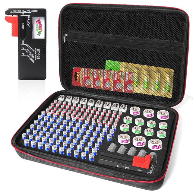 Adehoei Battery Storage Organizer with Tester BT-168, Waterproof Battery Case for aaa,aa,c,d, 9v, Holds Up to 198 Batteries Container (Batteries Not Included)