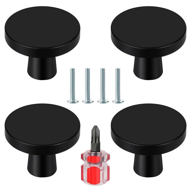 Ainiv 4 PCS Black Cabinet Knobs, Round Drawer Knobs, Mushroom Dresser Handle, Single Hole Cupboard Handle, Aluminum Alloy Cabinet Knobs with Screws for Kitchen Wardrobes Bathroom Home Decorating
