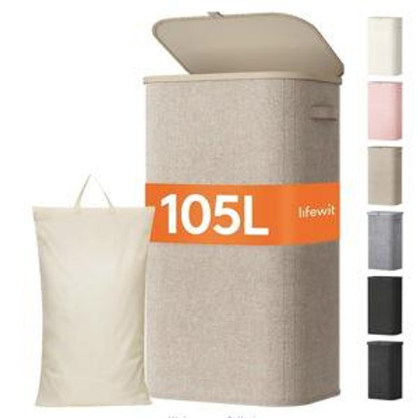 Lifewit 105L Large Laundry Hamper with Lid - Tall Dirty Clothes Hamper with Removable Bag for Easy Transport - Foldable Basket for Bedroom Bathroom and Dorm - Beige