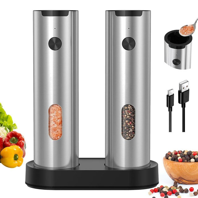 CIRCLE JOY Electric Salt and Pepper Grinder Set, Stainless Steel Rechargeable Pepper Mill Set with Charging Base, 110ML Top-Fill, Adjustable Coarseness, LED Light, One-Hand Operation, Gift Idea