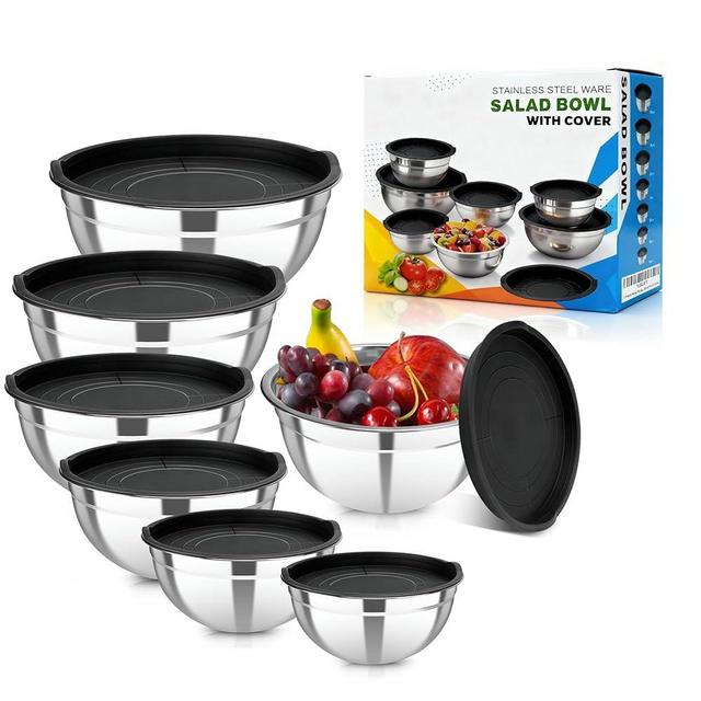 YJSLICT Stainless Steel Mixing Bowls with Lids Set, 7 Pcs Nesting Design Metal Mixing Bowls Salad Bowl for Kitchen Cooking, Baking, Prepping and Serving Food (Size 0.7, 1.1, 1.5, 2.1, 3.5, 4, 4.5QT)