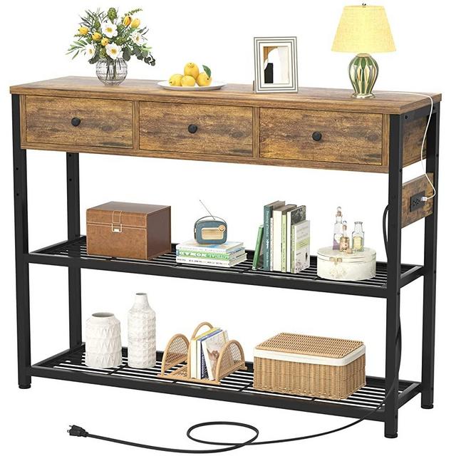 Ecopriso 47'' Entryway Table with Outlets and USB Ports, Console Table with 3 Drawers, Sofa Table Narrow Long with Storage Shelves for Living Room, Couch, Hallway, Foyer, Kitchen Counter, Rustic