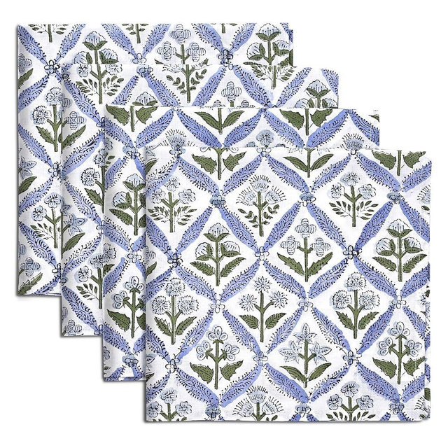 Ridhi Light Steel Blue Hand Block Print 100% Cotton Napkins 18" x 18" (Set of 4) Reuseable Kitchen Napkins Cloth Decor Dinner Party Wedding Cocktail Gift for Spring, Easter, Valentine