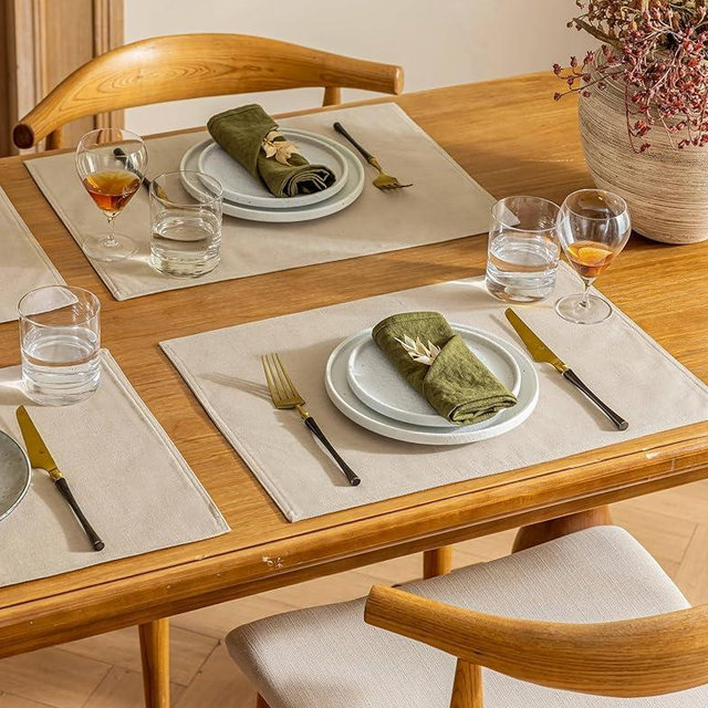 Placidy Linen Table Placemats Set of 6 Beige Modern Farmhouse Cloth Dining Table Mats Machine Washable Non Slip Heat Resistant Plate Mats 12x18 Inch