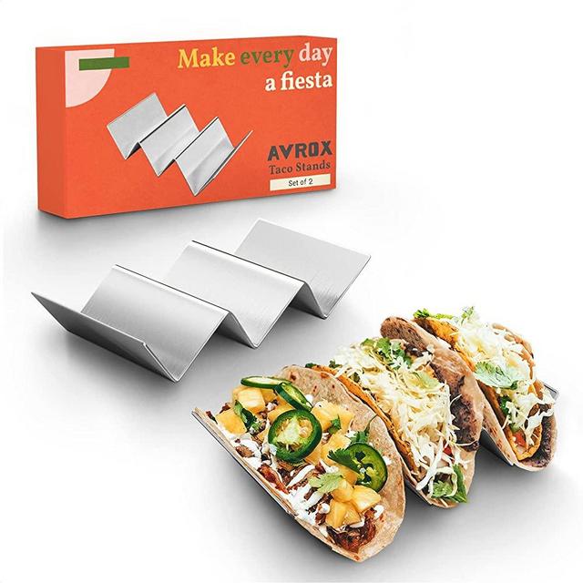 Pack of 2 - Stainless Steel Taco Holder Stand - Truck Tray Style - Each Rack Holds Up to 3 Tacos - Oven, Grill & Dishwasher Safe - Size 8" x 4" x 2"
