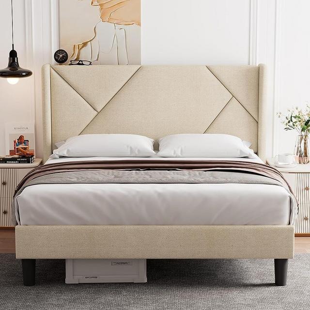 iPormis Queen Size Platform Bed Frame with Headboard, Upholstered Bed Frame with Solid Wood Slats, 8" Storage Space, No Box Spring Needed, Easy Assembly, Beige