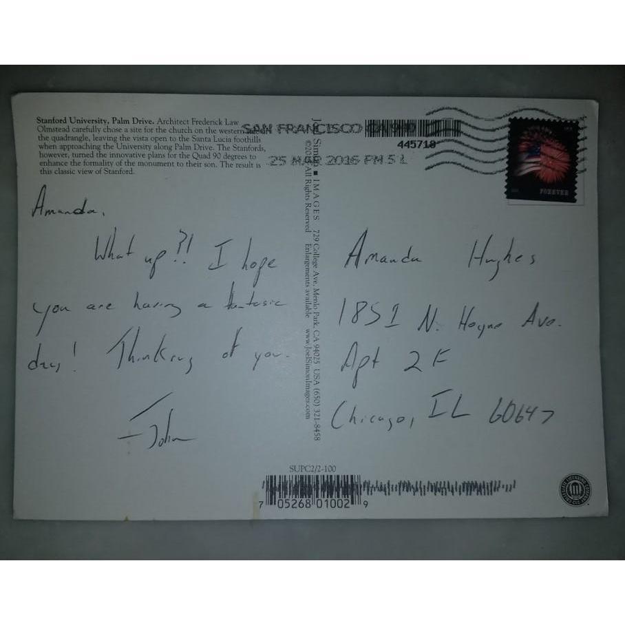 One of the first postcards John sent Amanda. He still sends her postcards.