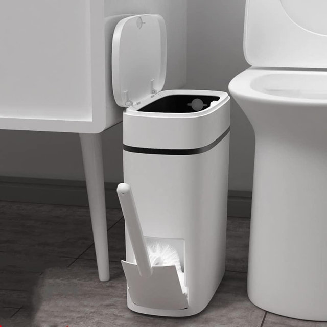 COMODID 14 Liter White Plastic Garbage Can with Press Top Lid, Dogproof Slim Rectangular Trash Bin for Toilet, RV Bathroom Trash Can 3.7 Gallons with Toilet Brush Holder, White lid